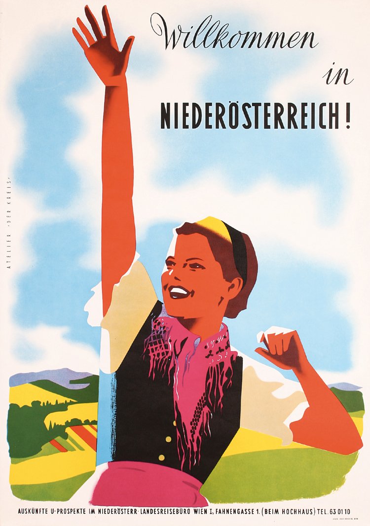 Original 1950s Austrian Travel Poster Good Graphics: Der Kreis (Atelier). Willkommen in Niederösterreich. Offset ca. 1958. Size: 33 x 23.2 in. (84 x 59 cm). Printer: Josef Eberle, Wien. Condition Details: (A) minimal edge creasing.