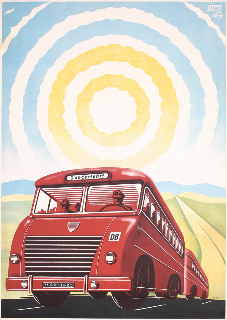 Original 1950s German Railway Travel Poster: Signature illegible. Deutsche Bundesbahn - Sonderfahrt. Offset 1953. Size: 33 x 23.2 in. (84 x 59 cm). Printer: no information. Condition Details: (A-) small edge tears, tiny hole at the lower right e