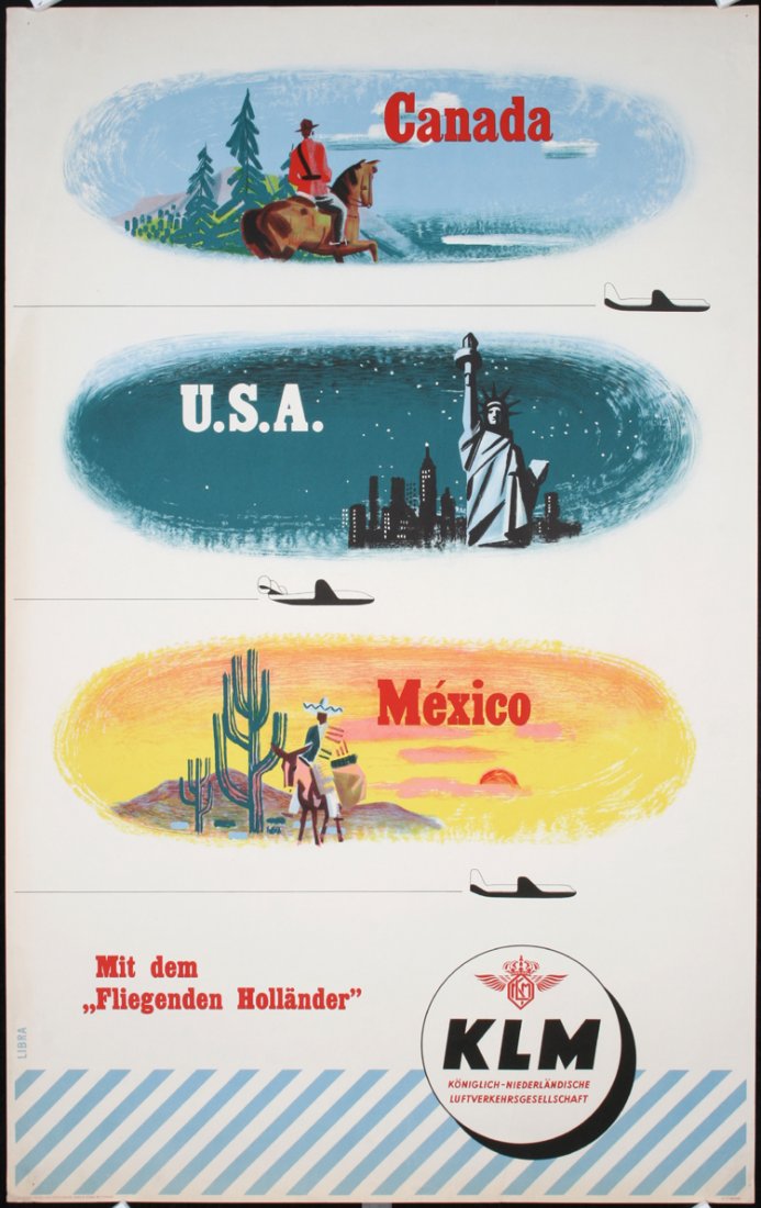 Old Original 1950s KLM Airline Travel Poster Canada USA: Libra, Rene le. KLM - Canada USA Mexico. Offset 1954. Size: 40.1 x 25.1 in. (102 x 64 cm). Printer: Kühn & Zoon, Rotterdam. Condition Details: (A-/B+) small tears, needle holes and minor creasing at 