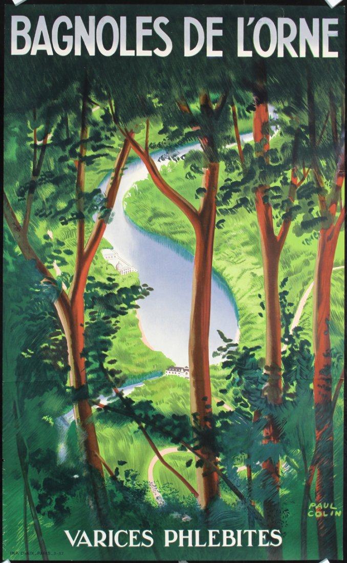 Original 1940s French Travel Poster PAUL COLIN Design: Colin, Paul Emile 1867 - 1949. Bagnoles de L´Orne. Offset 1937. Size: 39.3 x 24.4 in. (100 x 62 cm). Printer: Chaix, Paris. Condition Details: (B+) small edge tears and one tiny loss at the lower lef