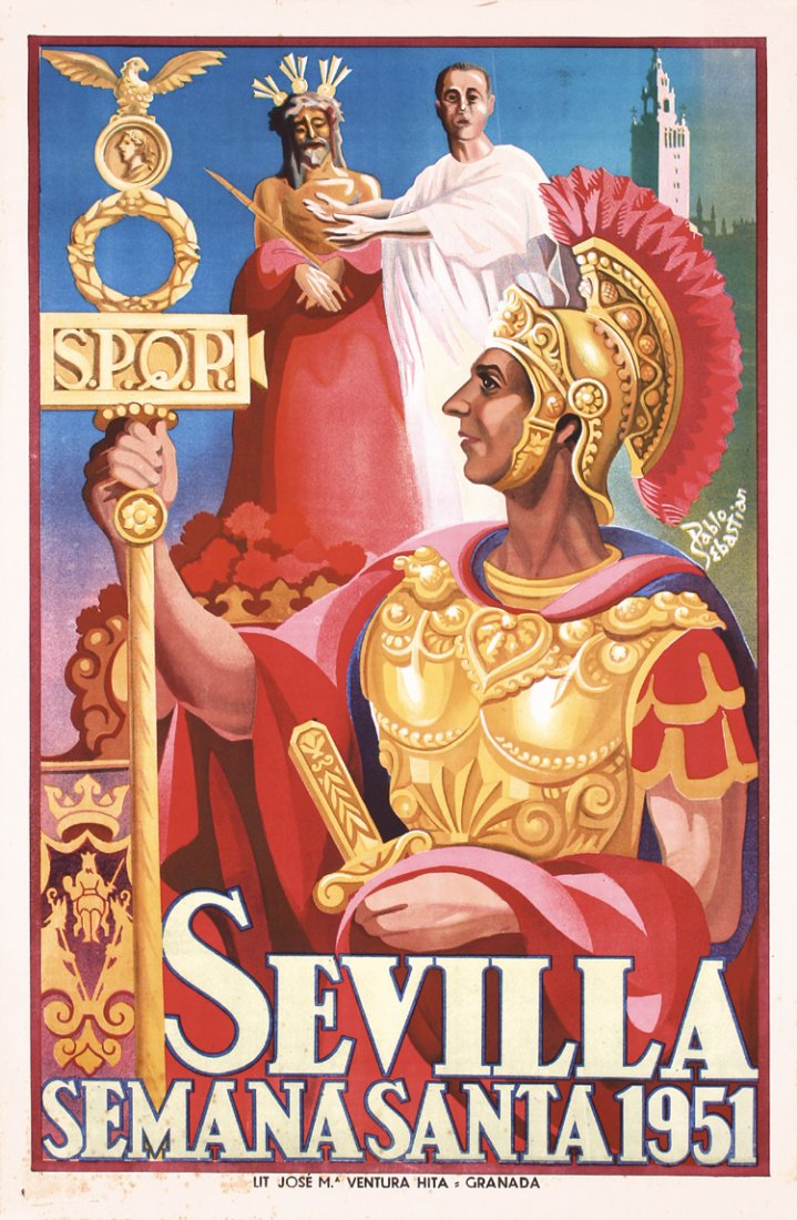 Old Original 1950s Seville Spain Travel Poster: Sebastian, Pablo. Sevilla - Semana Santa. Offset 1951. Size: 37 x 24.4 in. (94 x 62 cm). Printer: Jose M. Ventura, Granada. Condition Details: (B+) tiny tears in the margins, foxing, esp. at the botto