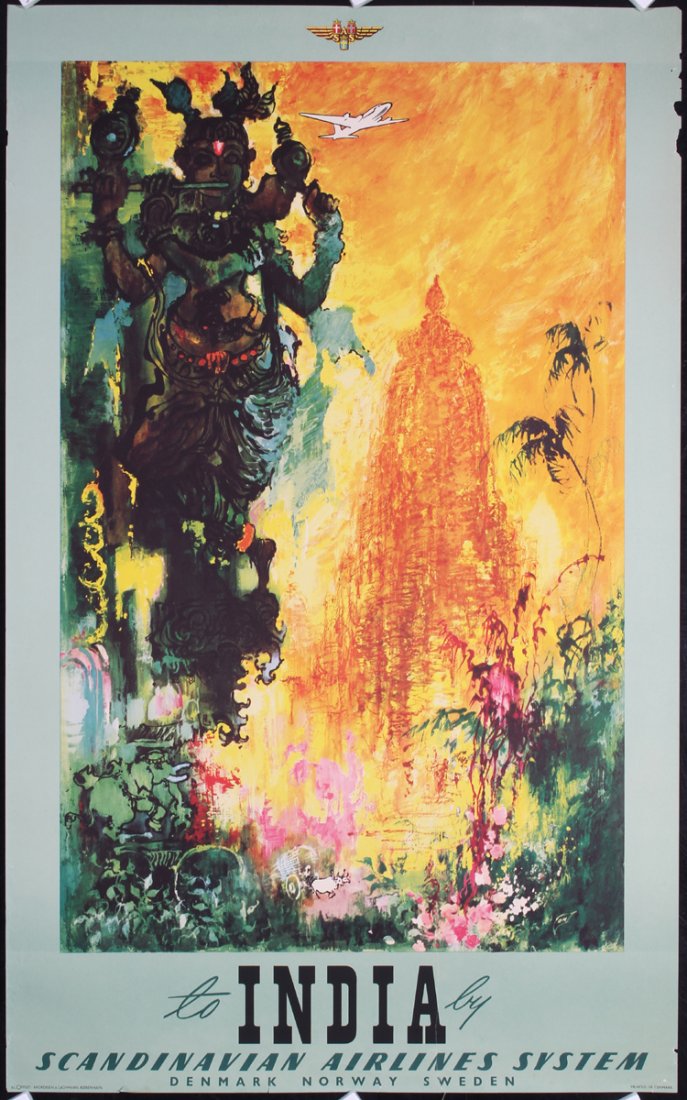 Original 1950s SAS Airline Travel Poster INDIA: Nielsen, Otto 1916 - 2000. SAS - India. Offset ca. 1959. Size: 39.3 x 24.4 in. (100 x 62 cm). Printer: Axel Andreasen & Sonner. Condition Details: (B+/B) 10 in./16 cm tear at the bottom edge, small te