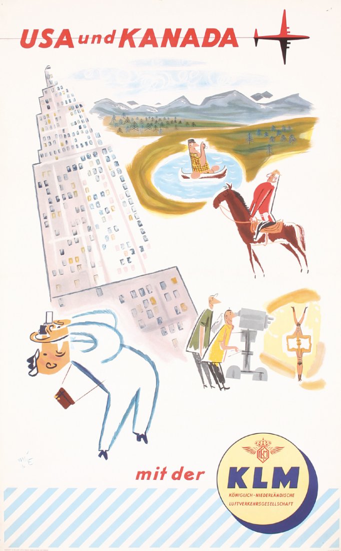 3 Original 1950s Travel Posters KLM USA Canada + Spain: Mile. KLM - USA und Kanada (3 Posters). Offset 1954. Size: 40.1 x 24.8 in. (102 x 63 cm). Printer: Kühn & Zoon, Rotterdam. Condition Details: (A-) was folded horiz., minimal staining, needle holes in