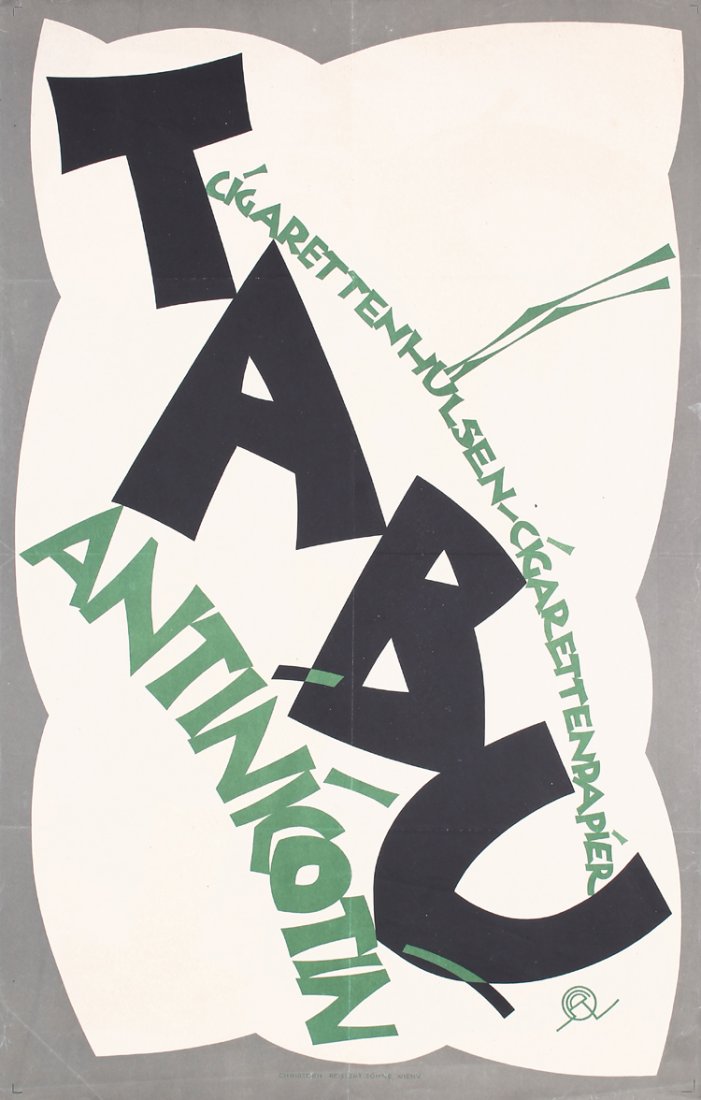 Original 1910s Austrian TABU Poster JULIUS KLINGER: Klinger, Julius 1876 - 1942. Tabu - Cigarettenhülsen. Lithograph ca. 1919 . Size: 33.8 x 21.6 in. (86 x 55 cm) . Printer: Christoph Reisser´s Söhne, Wien . Condition Details: (A-) was folded, minim