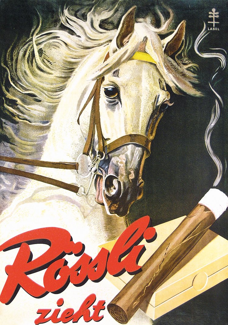 Original 1950s Swiss Cigar Rössli Tobacco Poster Plakat: Hugentobler, Iwan Edwin 1886 - 1972. Rössli zieht. Offset ca. 1950 . Size: 50.3 x 35.4 in. (128 x 90 cm) . Printer: no information . Condition Details: (A-) corner needle holes and minimal edge tears