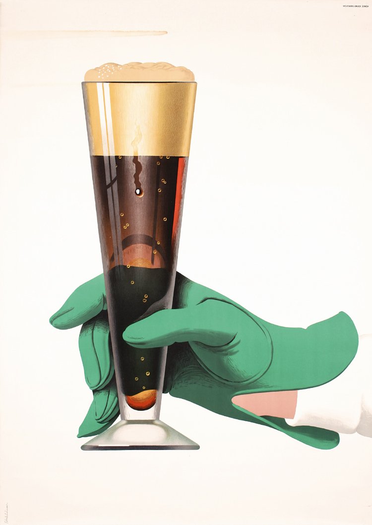 ORIG 1950s Elegant Swiss Design Beer Poster BIRKHAUSER: Birkhäuser, Peter 1911 - 1976. no text (Green glove holding beer glass). Lithograph 1957 . Size: 50.3 x 35.4 in. (128 x 90 cm) . Printer: Wolfsberg-Druck, Zürich . Condition Details: (B+) small tear