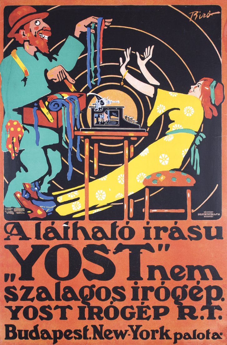 RARE 1910s MIHALY BIRO Hungarian Typewriter Poster: Biró, Milhály 1886 - 1948. Yost (Typewriter). Lithograph ca. 1912 . Size: 37.4 x 24.8 in. (95 x 63 cm) . Printer: Bruchsteiner, Budapest . Condition Details: (B+) on Japan paper, edge tears, retouch