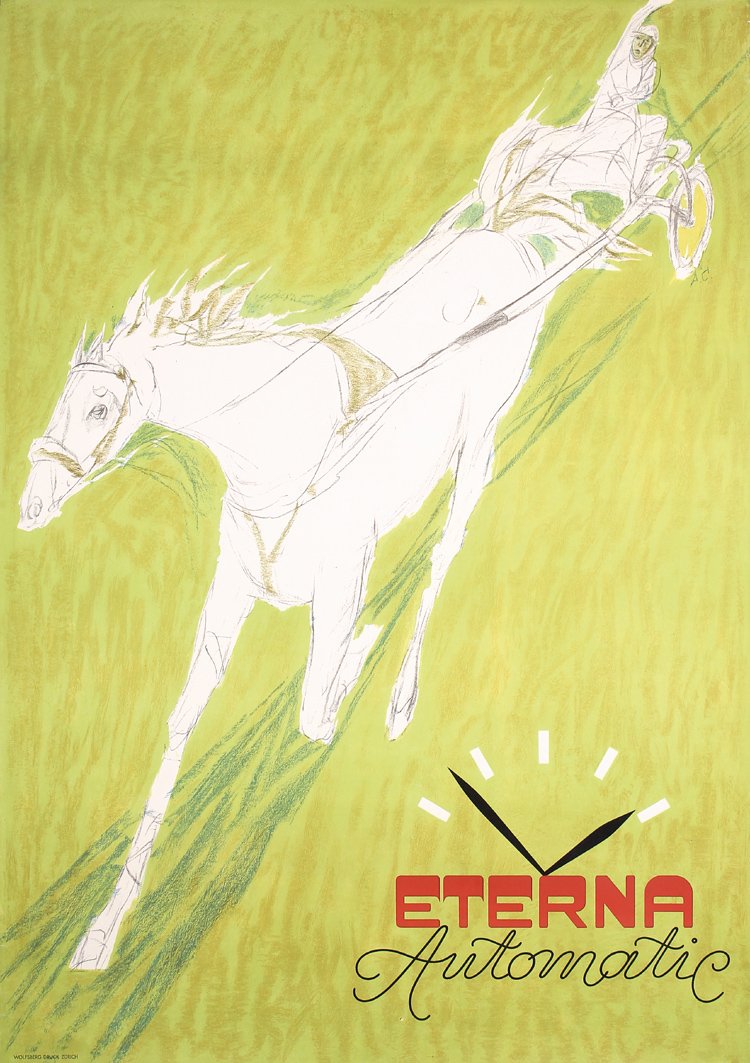 Rare Old 1940s Swiss Watch Poster Carigiet Horse Race: Carigiet, Alois 1902 - 1985. Eterna Automatic. Lithograph 1946 . Size: 50.7 x 35.8 in. (129 x 91 cm) . Printer: Wolfsberg-Druck, Zürich . Condition Details: (A-) minimal tears and creasing at the edg