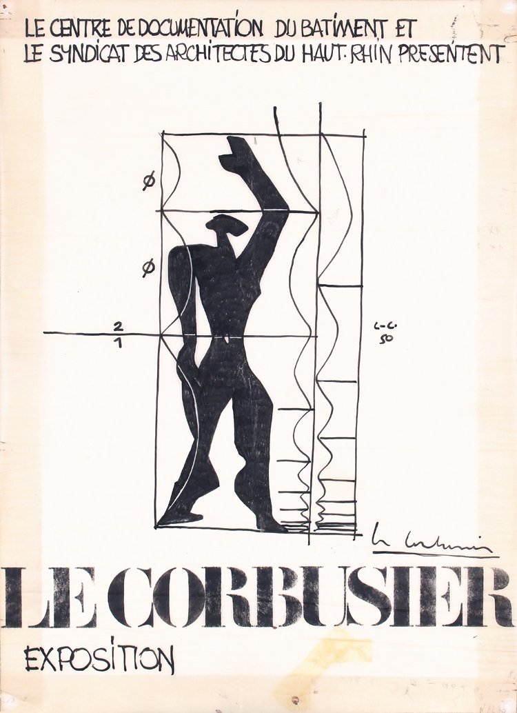 RARE 1950 Original Artwork LE CORBUSIER: Le Corbusier, (Charles Ed. Jeanneret) 1887 - 1965. Le Corbusier Exposition. Original Artwork 1950 . Size: 23.2 x 16.5 in. (59 x 42 cm) . Printer: . Condition Details: (B+) hand-signed, initialed and d