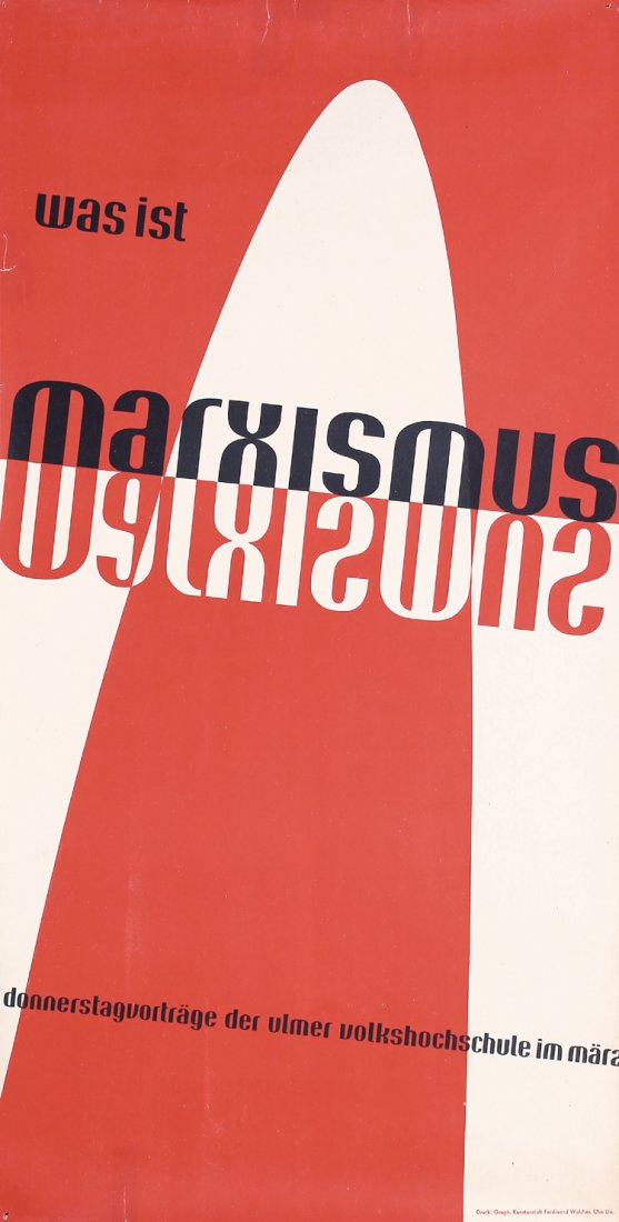 Original 1940s German Design Poster AICHER Art Marxism: Aicher, Otl 1922 - 1991. Was ist Marxismus?. Offset 1949 . Size: 32.6 x 16.5 in. (83 x 42 cm) . Printer: Ferdinand Walcher, Ulm . Condition Details: (A-/B+) small edge tears, corner needle holes.