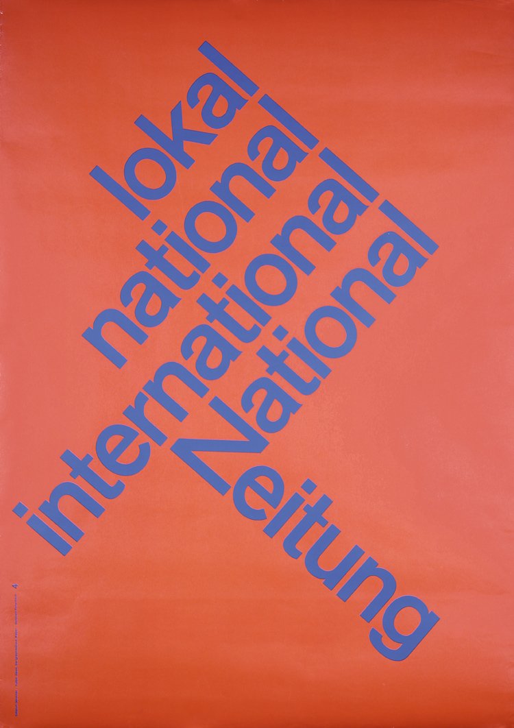 Stunning 1960s Swiss Graphic Design Poster GERSTNER: Gerstner, Karl 1930 -. National Zeitung. Silkscreen 1960 . Size: 50.3 x 35.4 in. (128 x 90 cm) . Printer: Weber - Bombelli, Rorschach . Condition Details: (A-) tiny edge tears, 2.5 in./6 cm tear at th