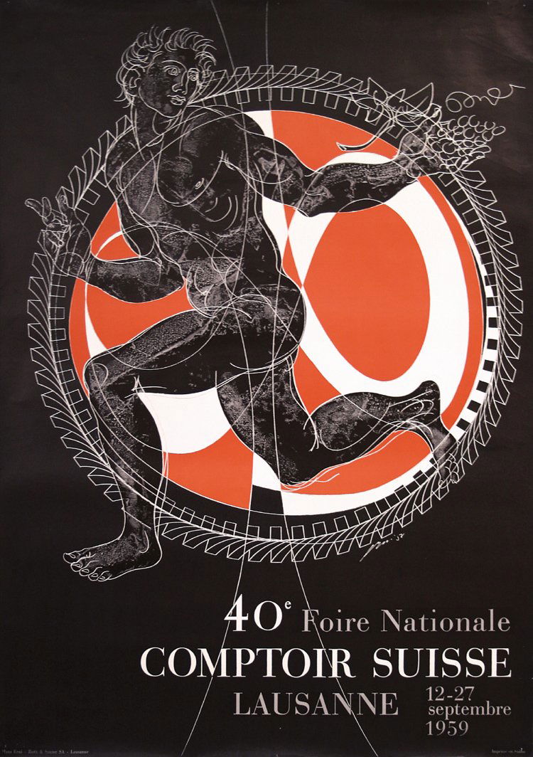 Original 1950s HANS ERNI Art Poster Swiss Fair Plakat: Erni, Hans 1909 -. Foire Nationale Comptoir Suisse. Offset 1959 . Size: 50.3 x 35.4 in. (128 x 90 cm) . Printer: Roth & Sauter, Lausanne . Condition Details: (A-) needle holes in the corners, tiny tea
