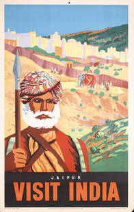 Original 1950s India Jaipur Travel Poster: Anonymous - India. Visit India - Jaipur. Offset 1951 . Size: 40.1 x 25.1 in. (102 x 64 cm) . Printer: Survey of India Offices, Dehra Dun. . Condition Details: (A-/B+) small hole in the top margin, tin