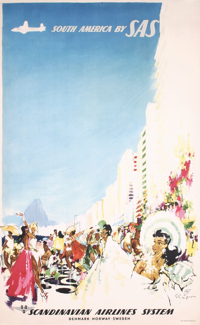 Original 1950s SAS Airline Travel Poster RIO DE JANEIRO: Nielsen, Otto 1916 - 2000. SAS - South America. Offset ca. 1959 . Size: 39.3 x 24.4 in. (100 x 62 cm) . Printer: Aller Press Ltd. . Condition Details: (A-) small hole at the top edge.