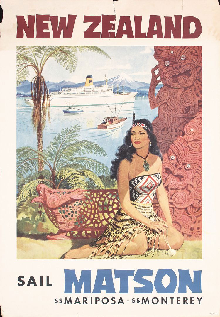 Old Original 1950s Matson New Zealand Travel Poster: Macouillard, Louis 1913 - 1987. Sail Matson - New Zealand. Offset ca. 1955 . Size: 27.9 x 19.6 in. (71 x 50 cm) . Printer: Litho in USA . Condition Details: (B+/B) small paper losses at the top edge a