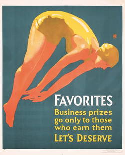 ORIGINAL 1929 Mather Favorites Poster SWIMMER: Elmes, Willard FredericFavoritesLithograph 192944 x 35.4 in. (112 x 90 cm)Condition: (B+) was folded horiz., on linen, small repaired margin losses at the upper leftEstimate: $1,200Reserve: $700