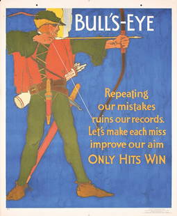 ORIGINAL 1929 Mather Work Poster Bull's Eye: Elmes, Willard FredericBull´s EyeLithograph 192944 x 36.2 in. (112 x 92 cm)Condition: (A-) minimal tears and staining and one tiny corner paper loss in the marginsEstimate: $1,000Reserve: $600