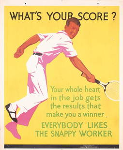 FANTASTIC 1920s Tennis Poster Mather Chicago: Anonymous - USAWhat´s Your Score?Lithograph 192943.7 x 35.8 in. (111 x 91 cm)Condition: (B+/A-) minimal tears and staining in the margins, 5 small needle hole paper losses in the yellow