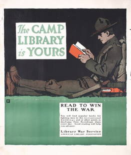 ORIGINAL US WW I Library Poster FALLS: Falls, Charles Buckles 1874 -The Camp Library is yoursLetterpress Print approx. 191833 x 27.9 in. (84 x 71 cm)Condition: (B+) was folded horiz., small tears and minor creasing and staining at the