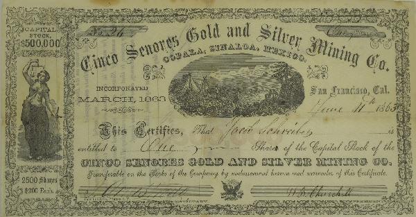 William Keith illustrated stock certificate, 1863: San Francisco,CA - From the Cinco Senores Gold and Silver Mining Co. Of Copala, Sinaloa, Mexico. The company was incorporated in 1863 in S.F. and as such was part of the 1863 mining stock