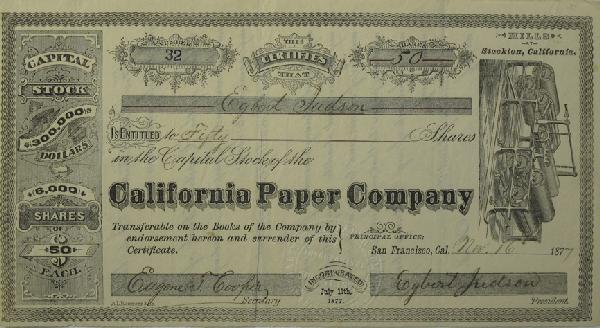 California Paper Money Stock Certificate: Stockton,CA - San Joaquin County - Nov. 16, 1877 - Measures 9 3/4 x 5 1/4". Incorporated on July 11, 1877. Certificate states that Egbert Judson is entitled to Fifty Shares. Signed b