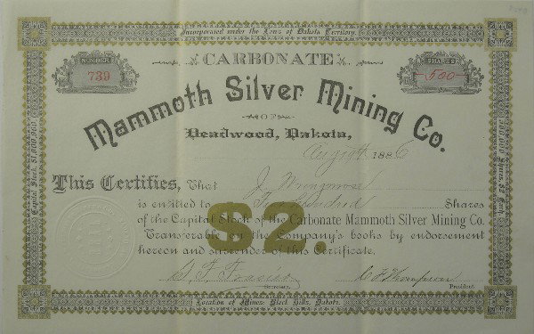 Carbonate Mammoth Silver Mining Co. of Deadwood St: Black Hills,Dakota - 1886 - Incorporated under the laws of Dakota Territory. Certificate # 739, issued to J. Wringrose in 1886 for 500 shares. Signed by Thompson President and