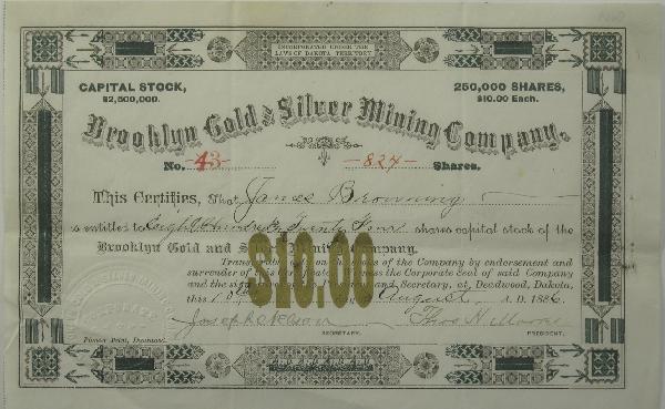 Brooklyn Gold & Silver Mining Company Stock Certif: Deadwood,Dakota - Lawrence County - 1886 - Incorporated under the laws of the Dakota Territory, Certificate No. 43, issued to James Browning for 824 shares at $10.00 per shar