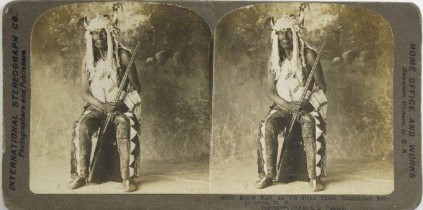 Black Bull, Sioux Chief Stereoview: Cannonball Reservation,Dakota North - Sioux County - 1908 - A studio photo of a seated Indian chief, with buffalo horn headdress, quill vest, decorated leggings and moccasins. He is holdi