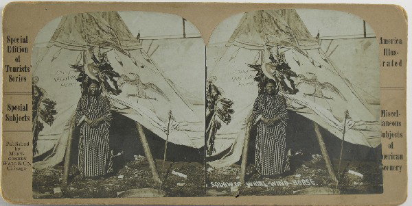 Squaw of Whirl Wind Horse Stereoview: Pine Ridge Sioux Reservation,Dakota South - Shannon County - c1890 - This stereocard is one of Special Edition of Tourists’ Series, published by Montgomery Ward & Co., Chicago. It is