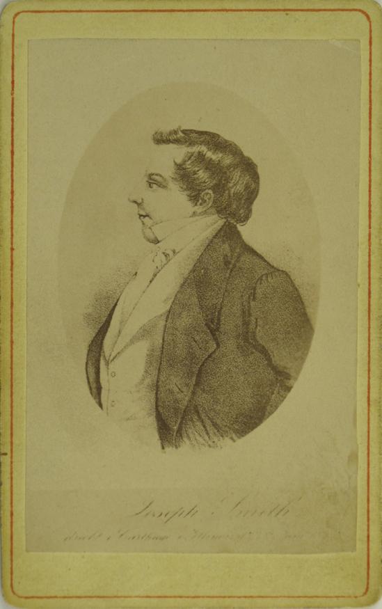 Joseph Smith Carte de Visite: Carthage,MO - Jasper County - c 1843 - This CDV is reproduction of a drawing of the founder of the Mormon religion. On the bottom of the CDV there is a faint notation in writing: &n