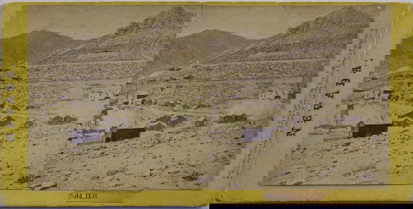 Yellow Jacket and Crown Point Stereoview Card: Gold Hill,NV - Storey County - c1860 - A rare view looking west at the Yellow Jacket and Crown Point properties at Gold Hill. Stereocard, 3 x 3", mounted on heavy yellow cardstock. C