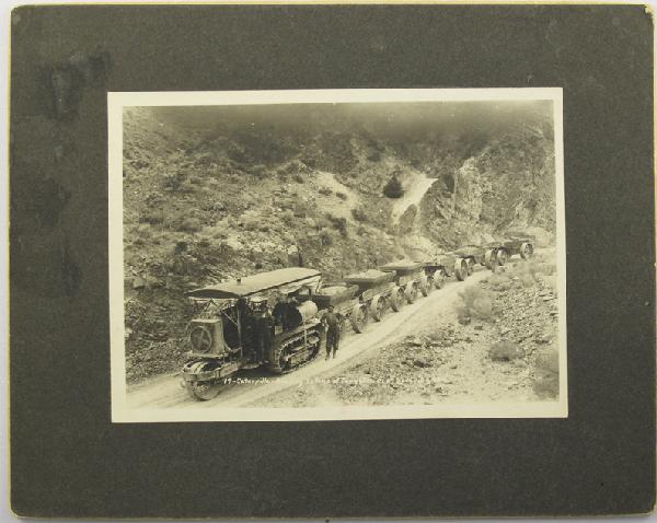 Mining with Caterpillar Ore Trains Photographs: Silver Dyke,NV - Mineral County - c1935 - Lot of 2. Located in the mountains west of Sodaville, caterpillars move tungsten ore out of Silver Dyke. Photographs measure 7"x 5", with b