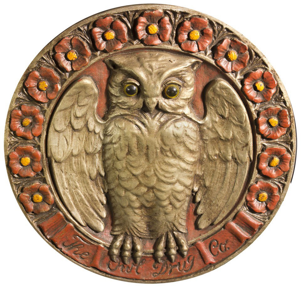 Owl Drug Store Plaster Emblem Wall Hanging: Original wall hanging from the main Owl Drug Co. in San Francisco. Perfect condition, all original, complete with glass eyes. Considered the finest known.