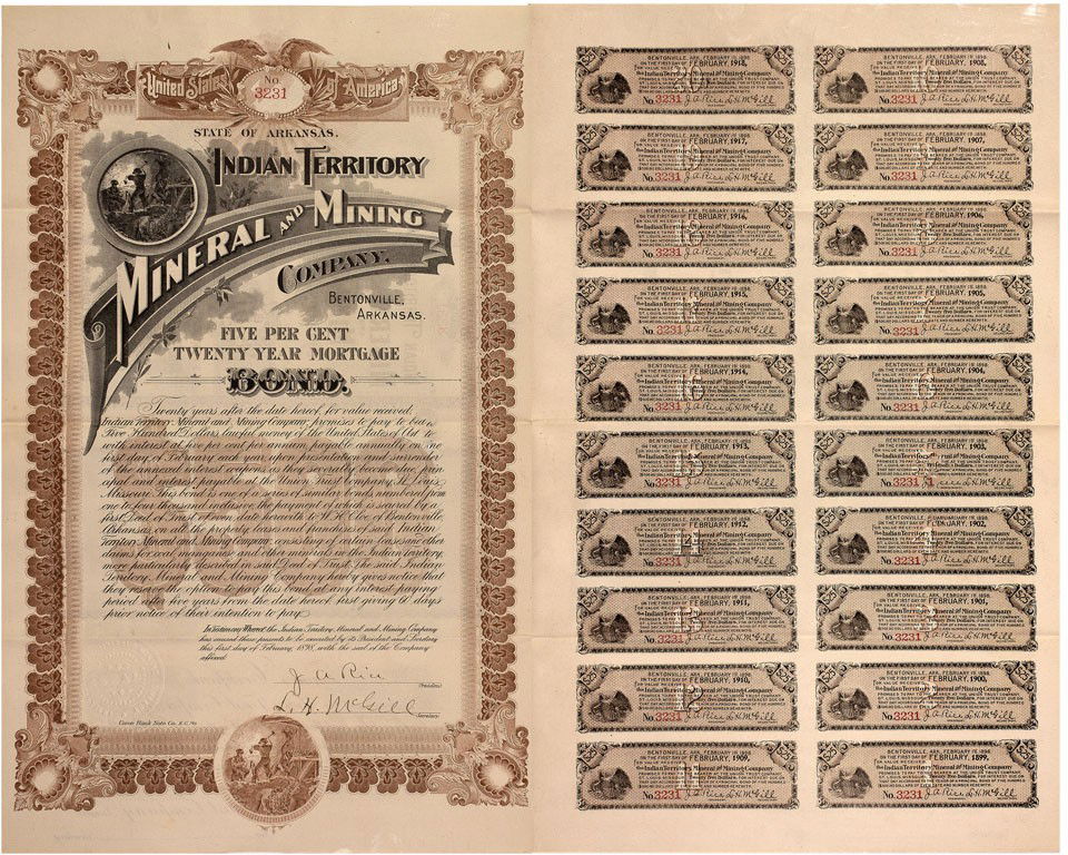 AR - Bentonville,Benton County - February 1, 1898: A $500, 20-year Mortgage Bond, No. 3231. Signed by J.A. Rice, president, and L.H. McGill, secretary. Light brown border with black print and mining scene vignette on crème paper. Embossed seal. Print