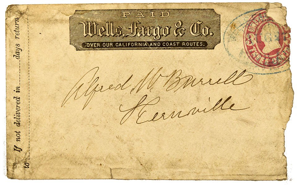 CA - Havilah,Kern County - Wells Fargo Calico Cove: Very rare Wells Fargo franked envelope with a Havilah (Kern County) hand stamp cancel. The cover is addressed to Alfred Burrell in Kernville. Rag edge right into the stamp. Overall stains and wear. On