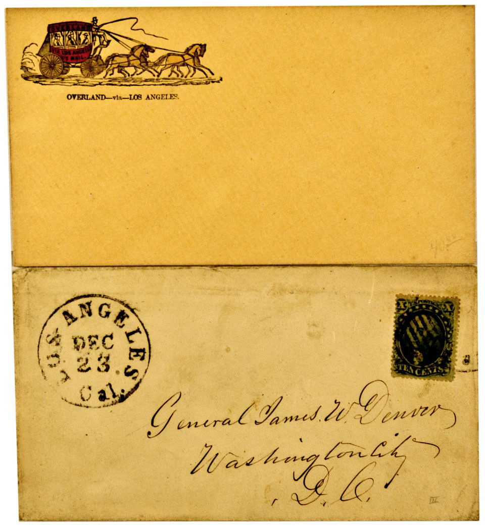 CA - Los Angeles,Los Angeles Gold Rush Era Covers: Lot of 2. 1) Strong single circle cancel with Scott 33 green 10 cent stamp at right, with weak Los Angles tie. Cover is addressed to General James W. Denver in Washington City, DC. Denver was an impor