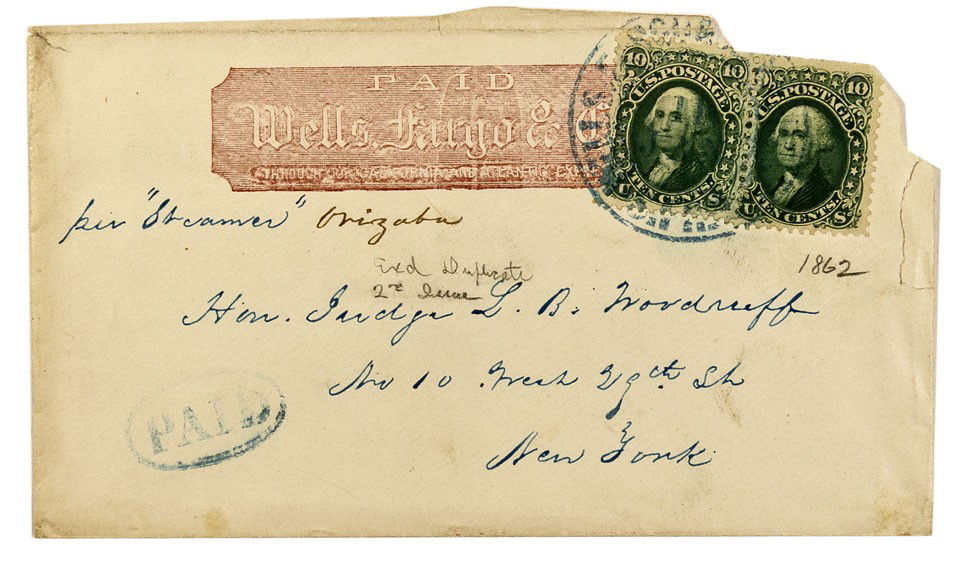 CA - San Francisco,1862 - California Gold Rush Cov: California Gold Rush cover carried by steamer on Wells Fargo franked envelope. Scarce red franking. Addressed to Judge Woodruff in Manhattan (New York) with two Scott 68a (?) with blue "Paid"
