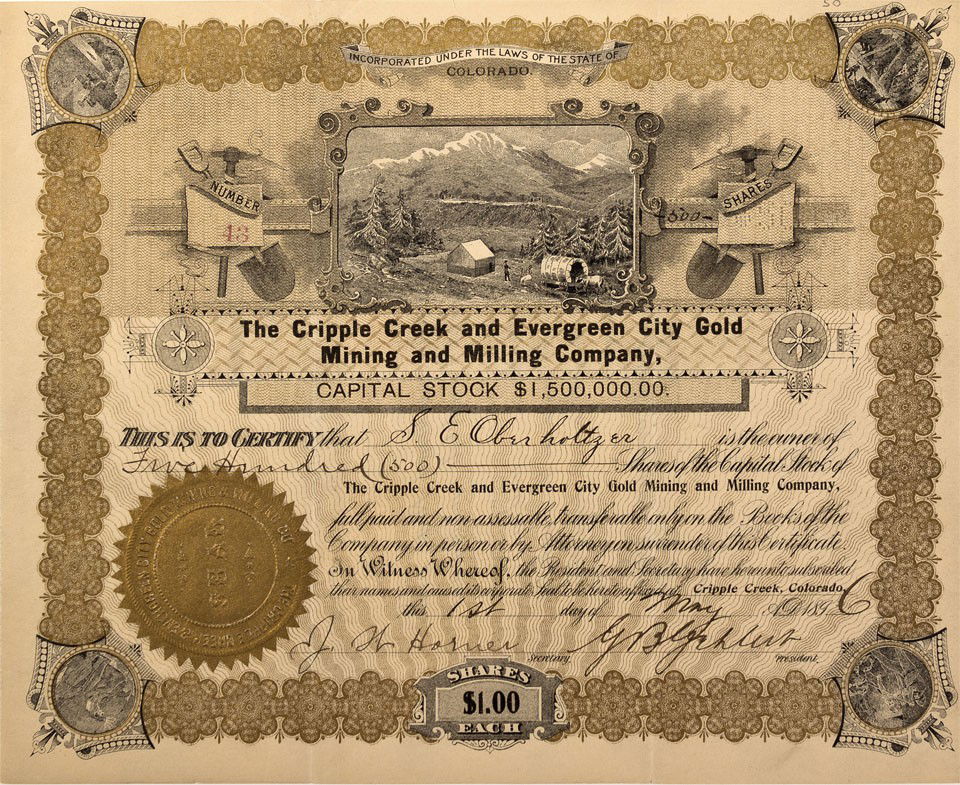 CO - Cripple Creek,Teller County - 1896 - Cripple: No. 43 issued to S. E. Oberholtzer for 500 shares by J. W. Horner, Secretary, and G. B. [illegible], President, on 1 May. Not listed in Hills or White. U/C. Some wrinkling. Exc