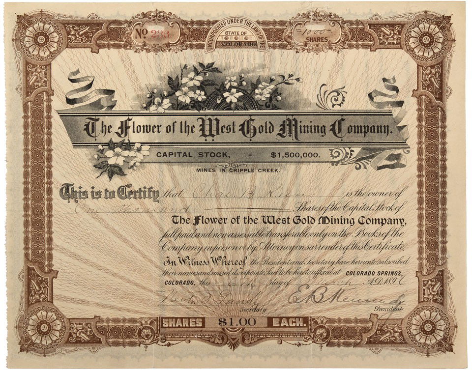 CO - Cripple Creek,Teller County - 1896 - Flower o: Number 233 issued to Chas. B. Keen by Newton S. Gandy, Secretary, and E. B. Kennedy, President on 6 March for 1,000 shares. Excellent condition. U/C. Rare. The company was inco
