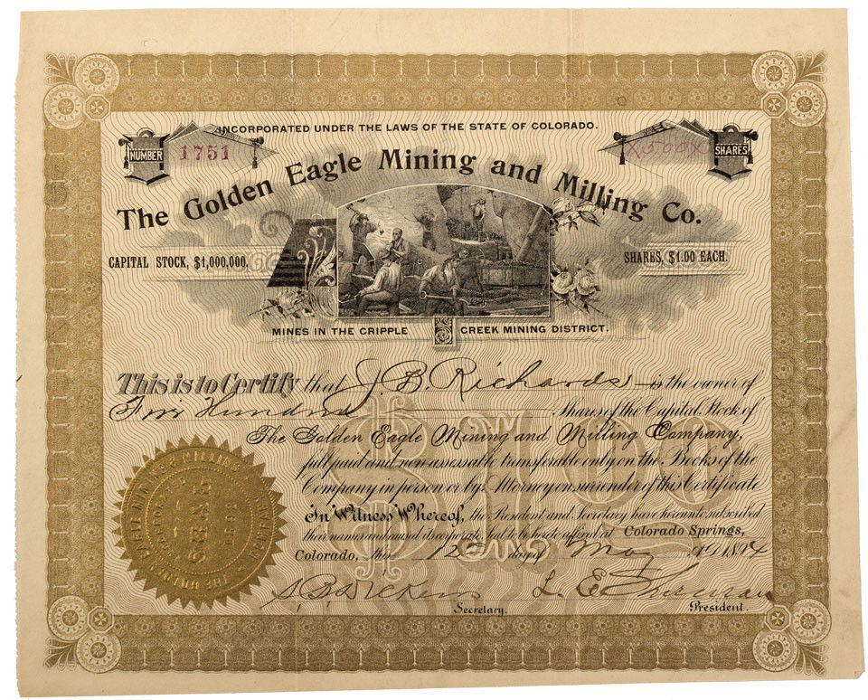 CO - Cripple Creek,Teller County - 1894 - Golden E: Number 1751 issued to J. B. Richards on 12 May for 500 shares by S. B. Dickens, Secretary, and L. E. Sherman, President. Some wrinkling. Good to excellent condition. U/C. Rare.