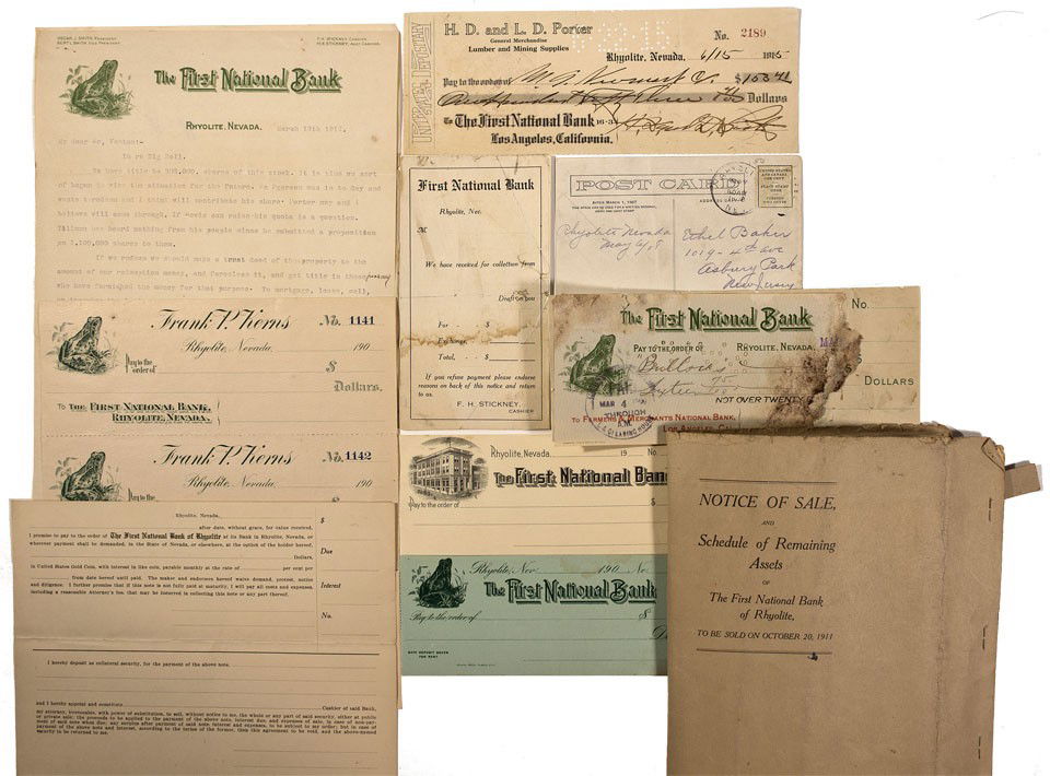 NV - Bullfrog,Nye County - 1911 - First National: Lot of 11. 1) Notice of Sale for Assets of the First National Bank of Rhyolite, to be sold on October 20, 1911; issued by the receiver, ClayTallman; measures 9" x 13" and is 5 pages bound in a co