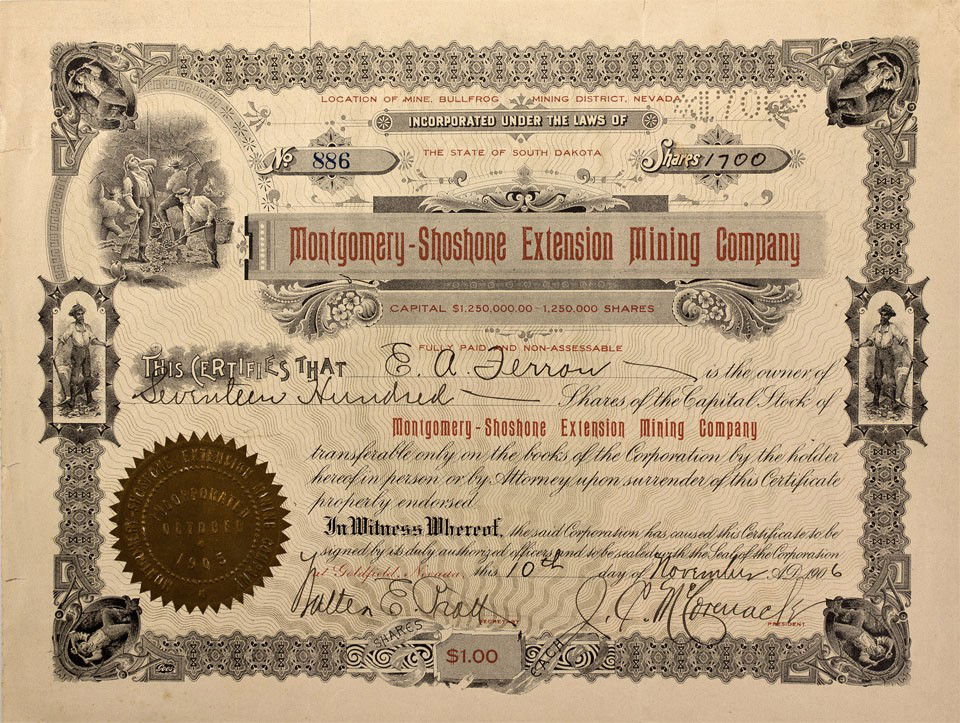 NV - Bullfrog,Nye County - 1906 - Montgomery-Shos: Incorporated in South Dakota, 1905. No. 886 issued November 10, 1906 to E. A. Ferrow for 1700 shares. Signed by J.C. McCormack, President and Walter E. Pratt, Secretary. Printed by Goes. U/C. Black bo