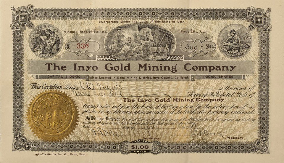 NV - Bullfrog, NV & Echo, CA,c1905 - Inyo Gold Mi: Incorporated in Utah circa 1905, issued to O. B. Wingate for 300 shares, cert number 338, April, 1907 and signed by L. F Colbrook as president5 and B. T. Welves as secretary. Printed by Skelton Publis