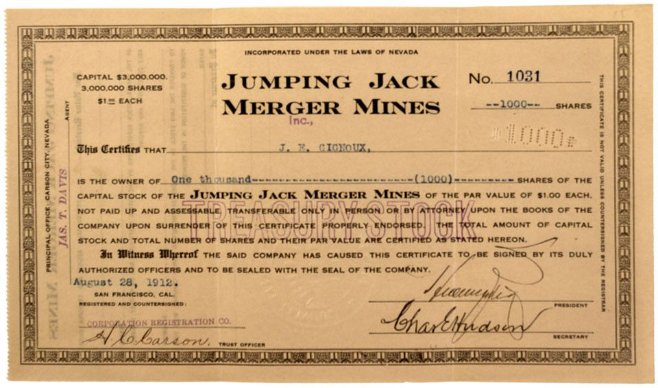 NV - Goldfield,1912 - Jumping Jack Merger Mines S: Incorporated in Nevada, 1912. No. 1031 issued August 28, 1912 to J.E. Cignoux for 1000 shares; signed by (illegible), President and Chas. E. Hudson, Secretary. No printer noted. U/C. Black ink on crè