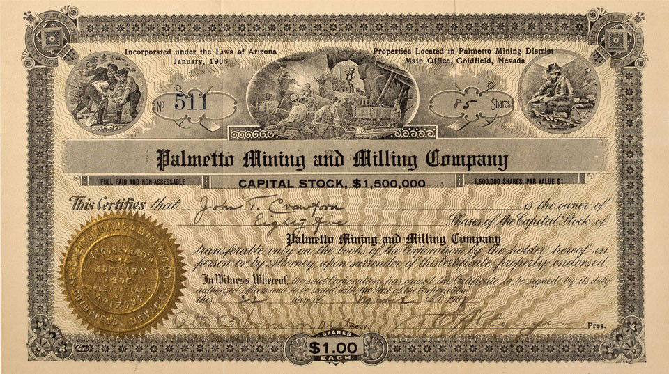 NV - Goldfield,Esmeralda County - 1907 - Palmetto: Extremely rare certificate from this Goldfield mine. Incorporated in Arizona, 1906. No. 511 issued to John Crawford in 1907. Signed by Johnson, Asst. Secretary., and Altinger, Pres. Black print with g