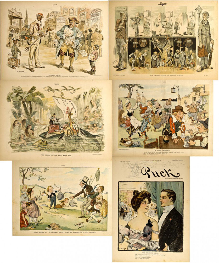 NY - New York,1890s - 1901 - Puck/Judge Magazine: Group of 6. 1. Puck, no date or volume. Illustrated by F. Opper. Middle cartoon sheet. Comments on crime in the New York. Mr. Beelzebub vs. a Benjamin Franklinesque (Father Kni