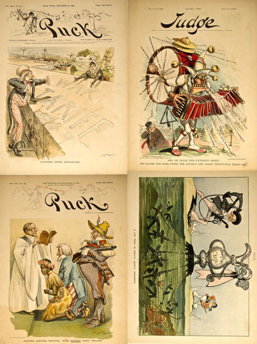 NY - New York,1889-1901 - Puck/Judge Magazines' I: Group of 4. 1. Puck, Volume XXVI, No. 658, New York edition, 16 October 1889. Drawn by C. J. Taylor. Uncle Sam is stretching his arm across a concrete embankment to a South American 