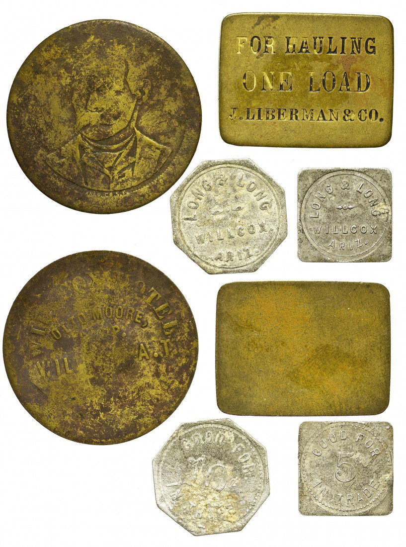 Wilcox Tokens: AZ - Wilcox,Cochise County - Lot of 4: Long & Long (R6) 1922-24, 1 square variety and 1 octagonal, J. Liberman & Co. Incuse (R8) 1881-1985, and Willcox Hotel, Otto Moore Proprietor A.T. 1889, 