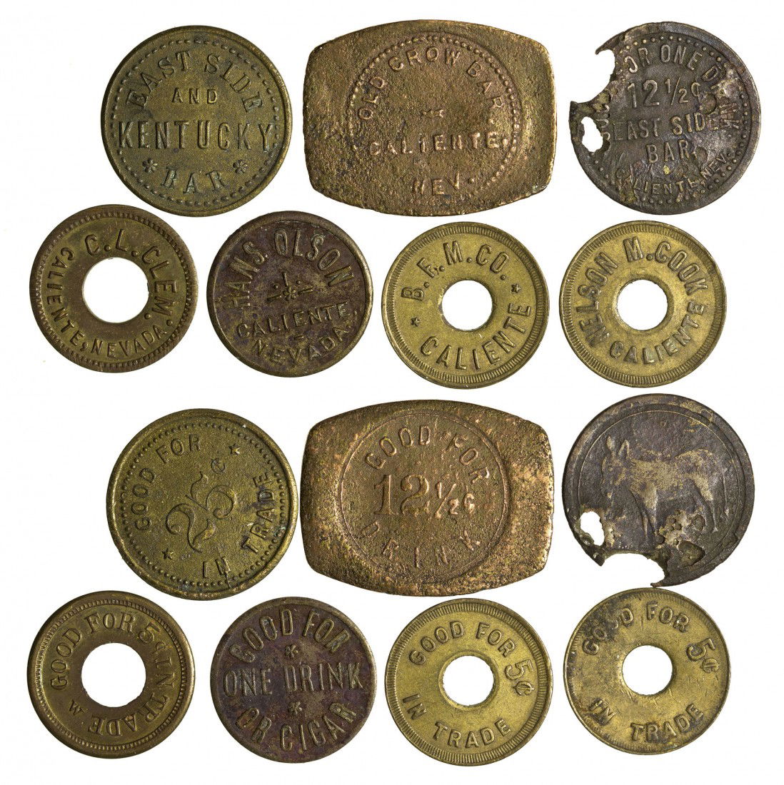 Caliente Trade Token: NV - Caliente,County - c1870s - Lot of 7, including: East Side Bar, East Side and Kentucky Bar, Old Crow Bar, Nelson M. Cook, C.L. Clem, B.F.M. Co., and Hans Olson. Pieces vary in condition. - Woodwar