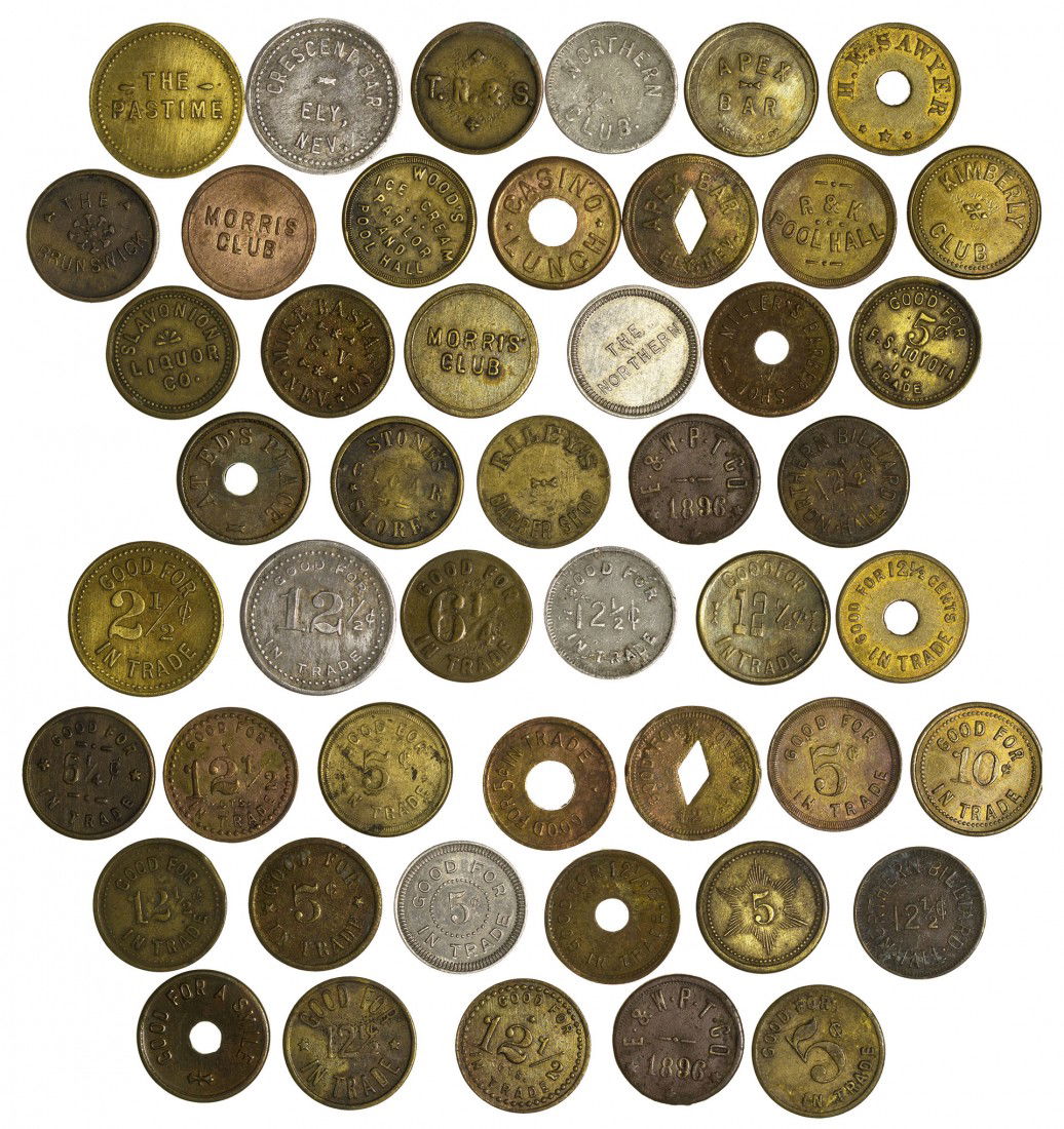 Ely Area Tokens: NV - Ely,White Pine County - c1880s - Lot of 24. 13 from Ely and other parts of the county, including Lane, Kimberly and McGill. Buinesses represented include Crescent Bar, R & K Pool Hall and Mil